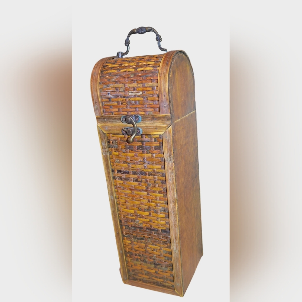 Wood Woven Rattan Brass Handle Clasp Vintage Wine Carrier Box